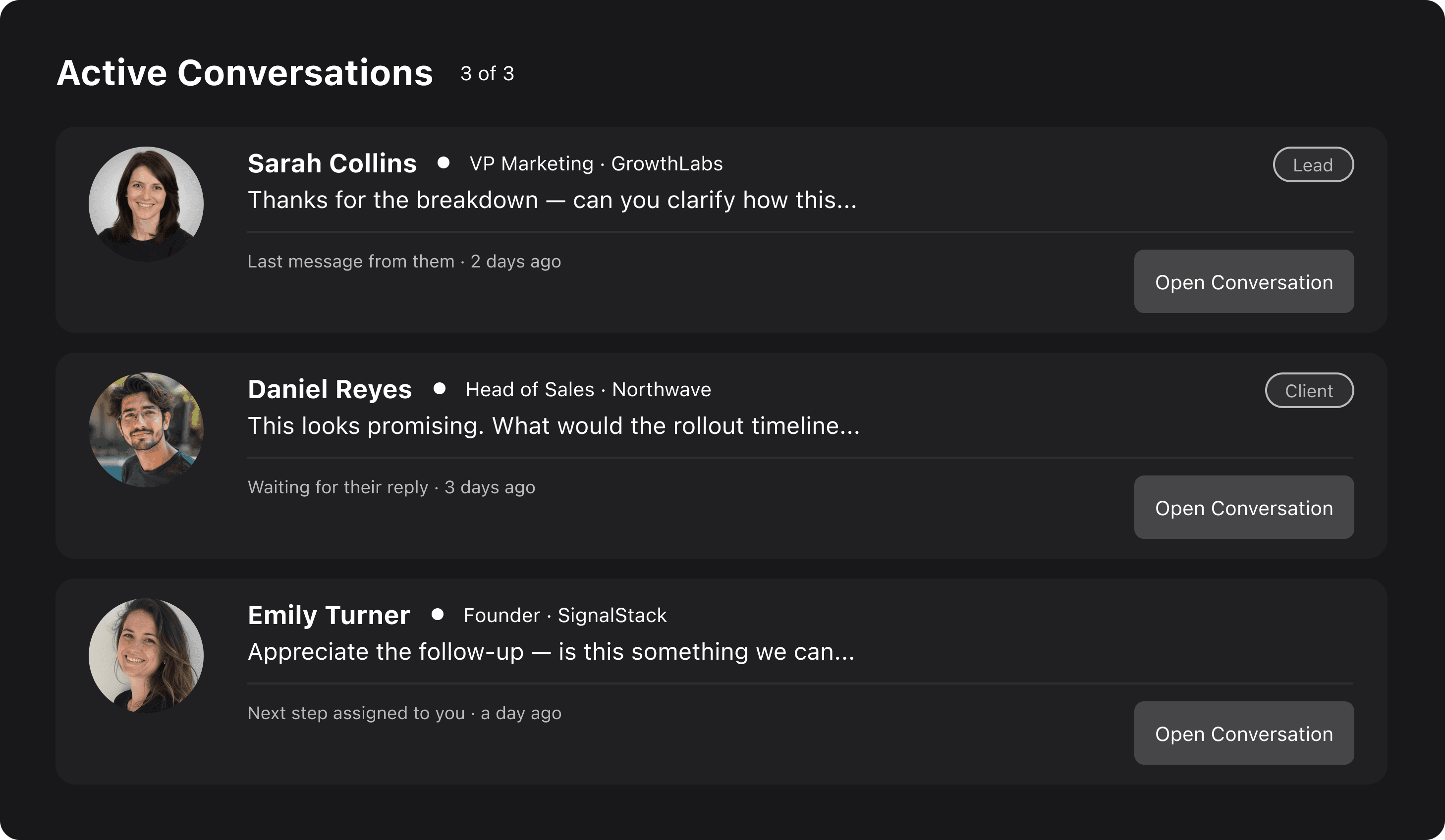 Product interface showing conversation tracking